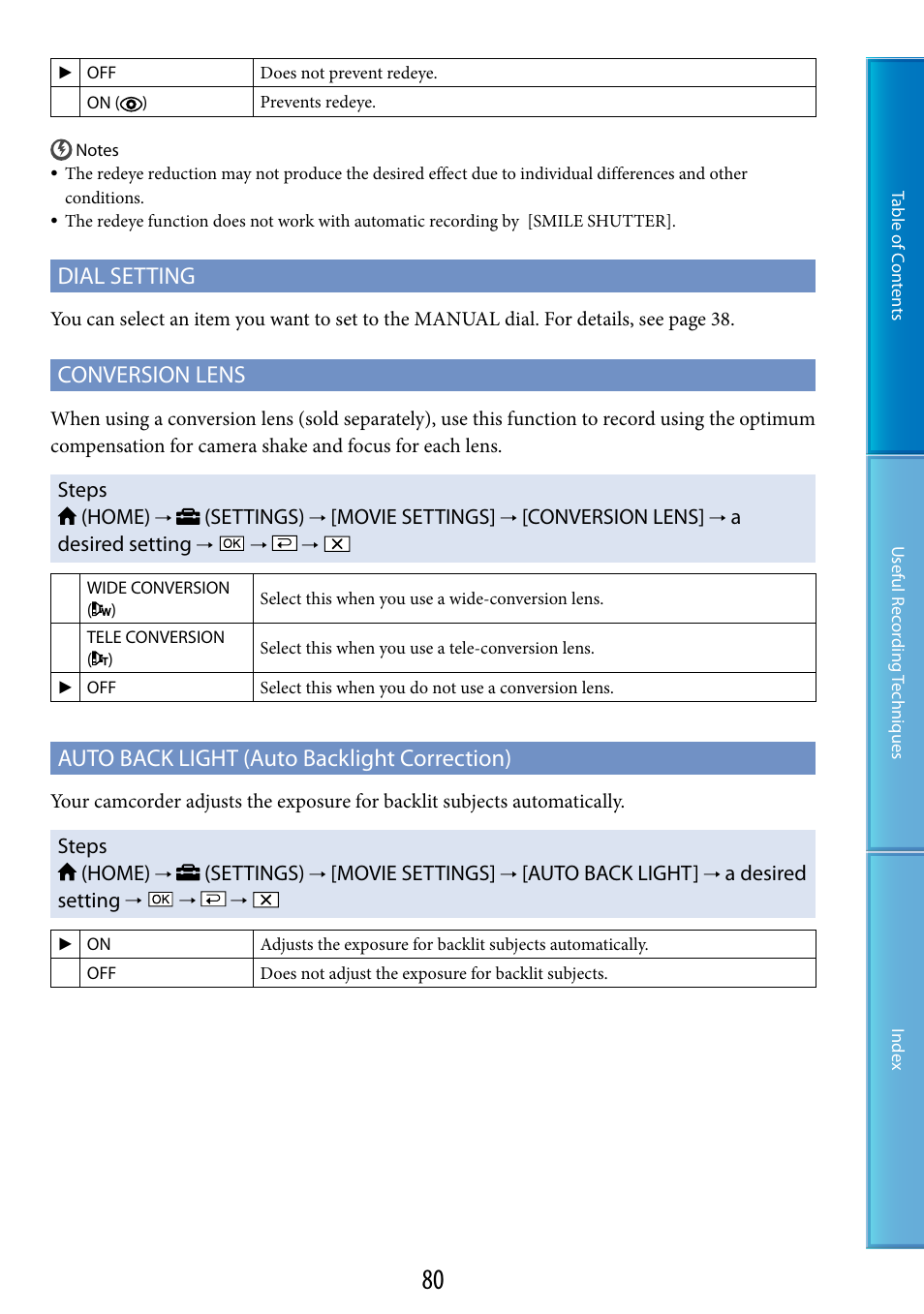 Dial setting, Conversion lens, Auto back light (auto backlight correction) | Sony HDR-XR520V User Manual | Page 80 / 136