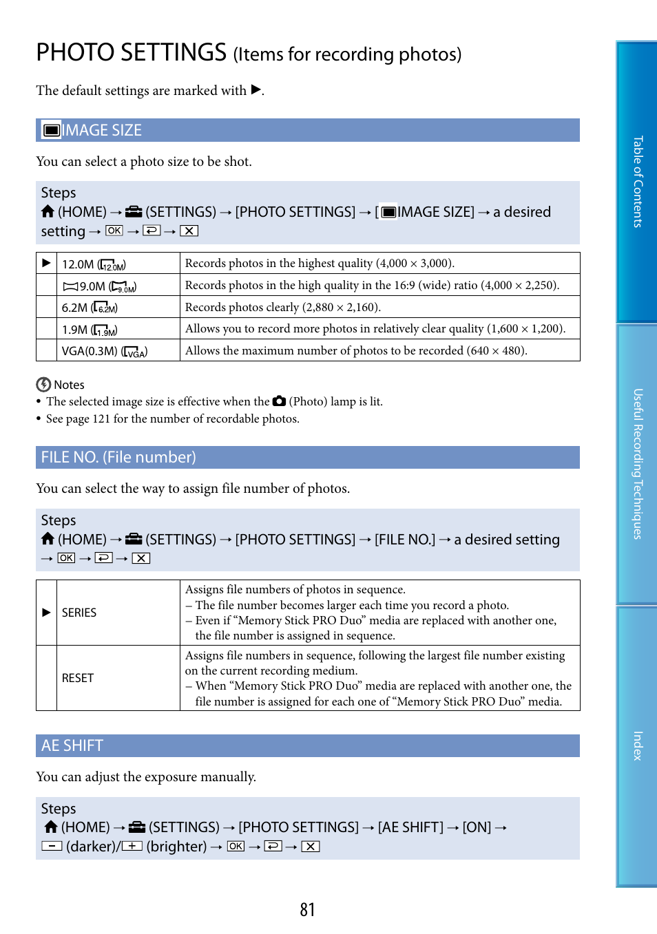 Photo settings (items for recording photos), Photo settings, Items for recording photos) | O size (81), Image size, File no. (file number), Ae shift | Sony HDR-XR520V User Manual | Page 81 / 136
