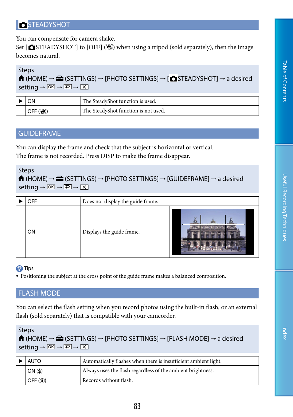 Steadyshot, Guideframe, Flash mode | Sony HDR-XR520V User Manual | Page 83 / 136