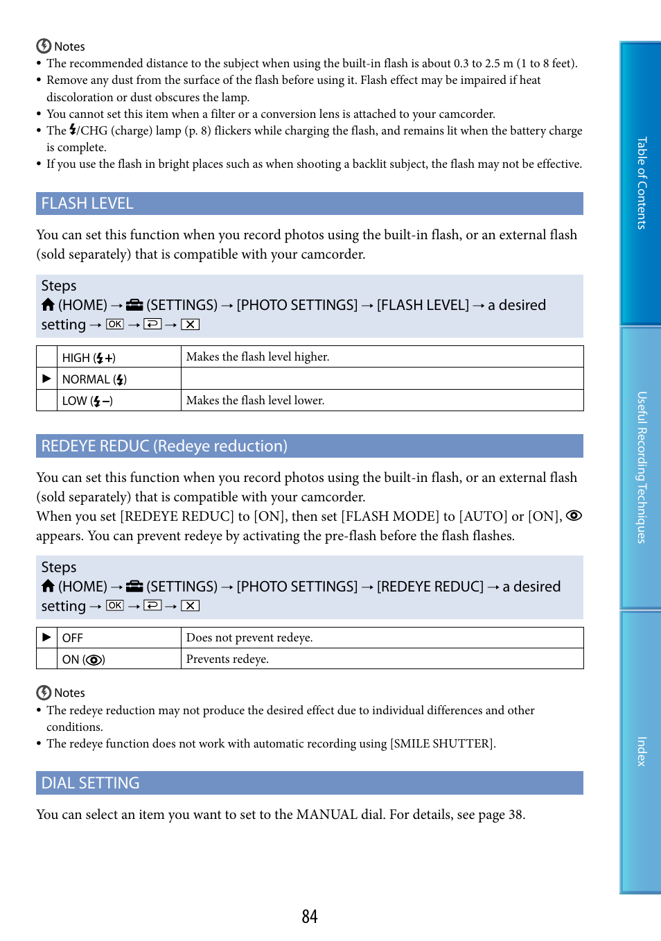 Flash level, Redeye reduc (redeye reduction), Dial setting | Sony HDR-XR520V User Manual | Page 84 / 136