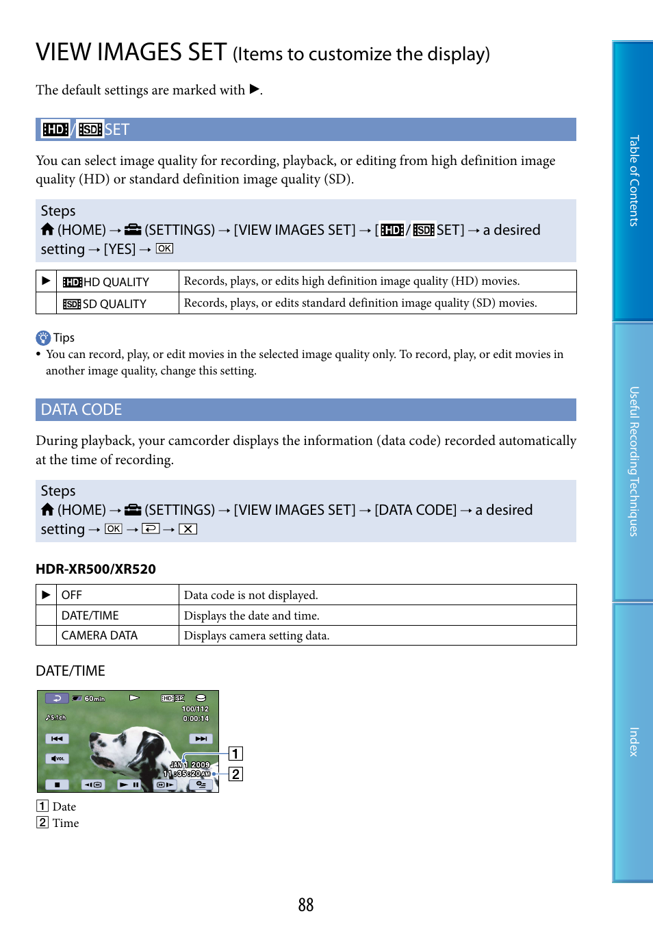 View images set (items to customize the display), View images set, Items to customize the display) | Data code | Sony HDR-XR520V User Manual | Page 88 / 136