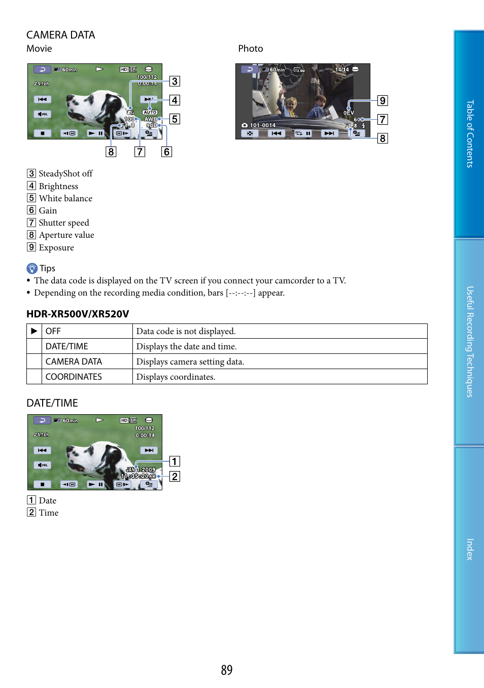 Camera data, Date/time | Sony HDR-XR520V User Manual | Page 89 / 136