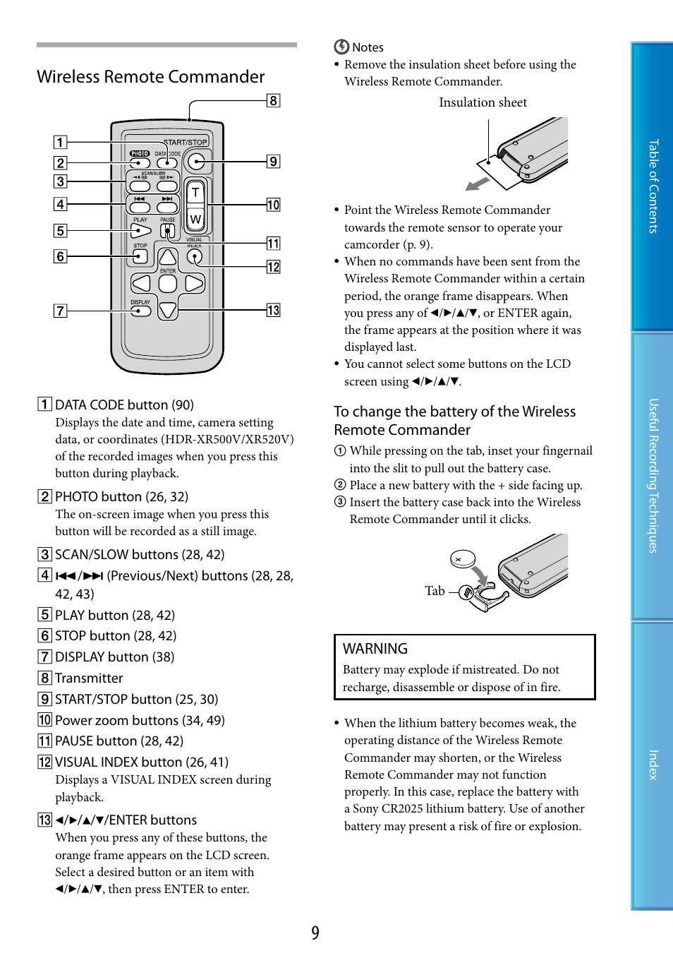 Wireless remote commander, Warning | Sony HDR-XR520V User Manual | Page 9 / 136