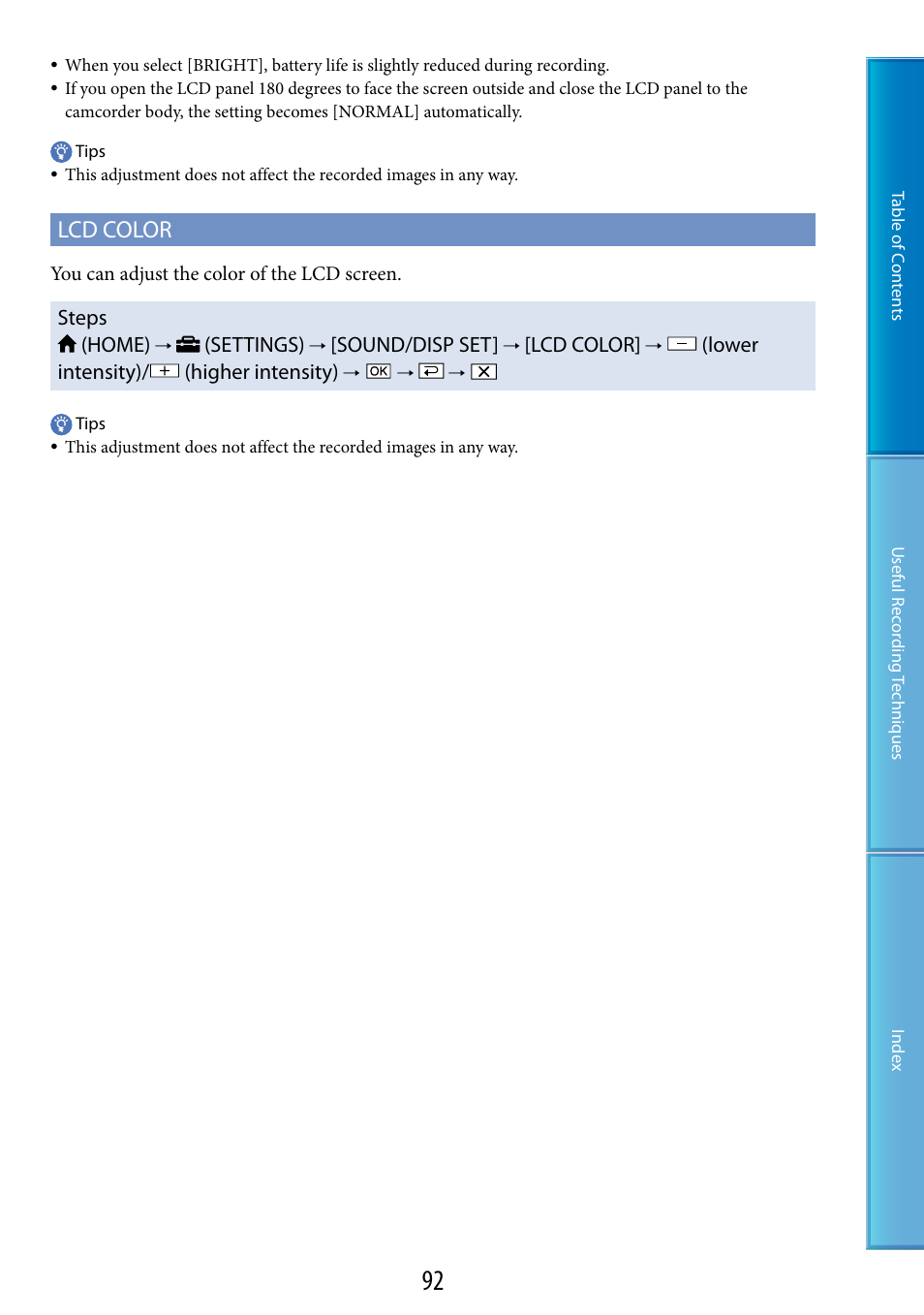 Lcd color, Steps (home), Settings) | Sound/disp set, Lower intensity)/ (higher intensity) | Sony HDR-XR520V User Manual | Page 92 / 136