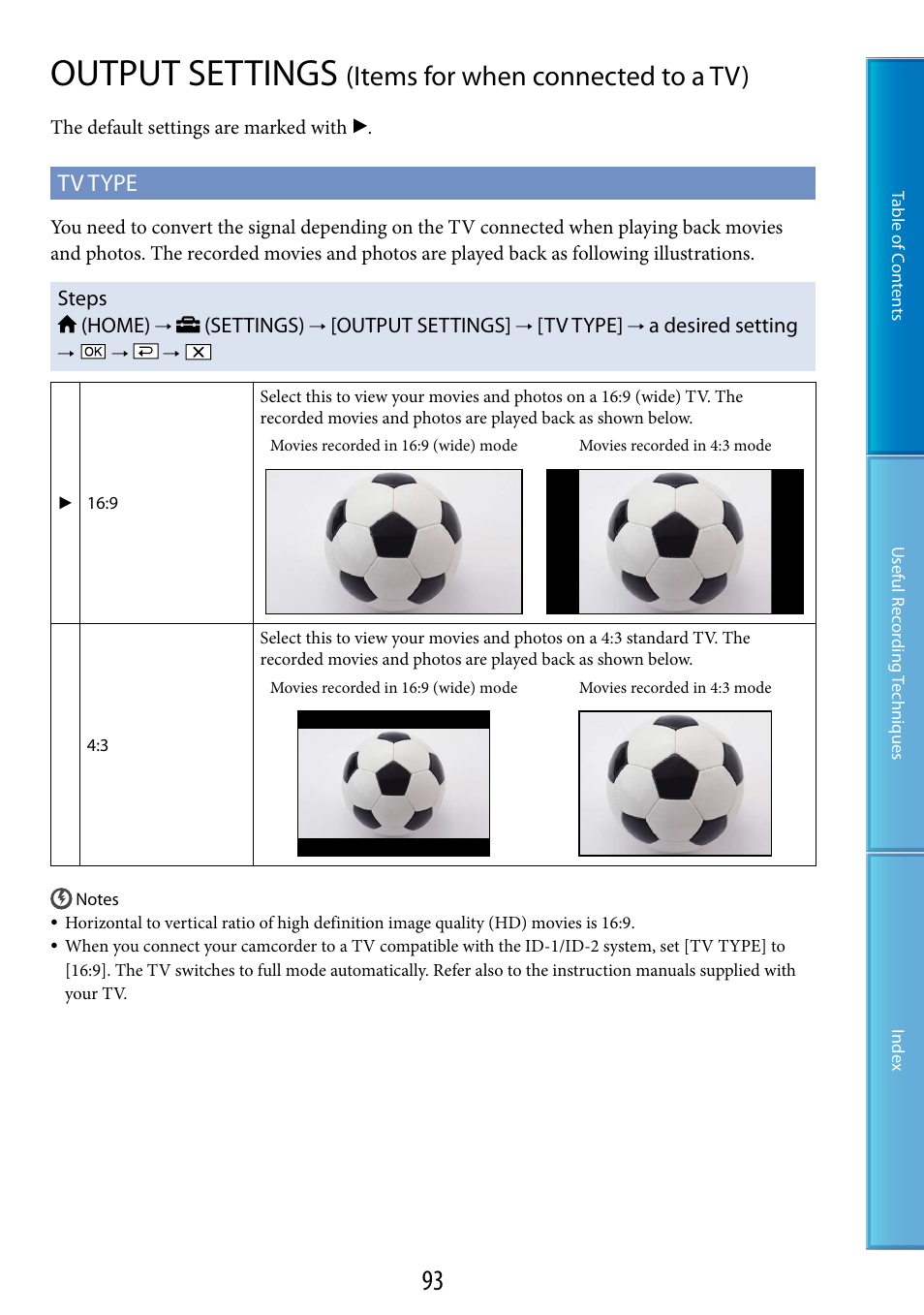 Output settings (items for when connected to a tv), Output settings, Items for when connected to a tv) | Tv type | Sony HDR-XR520V User Manual | Page 93 / 136