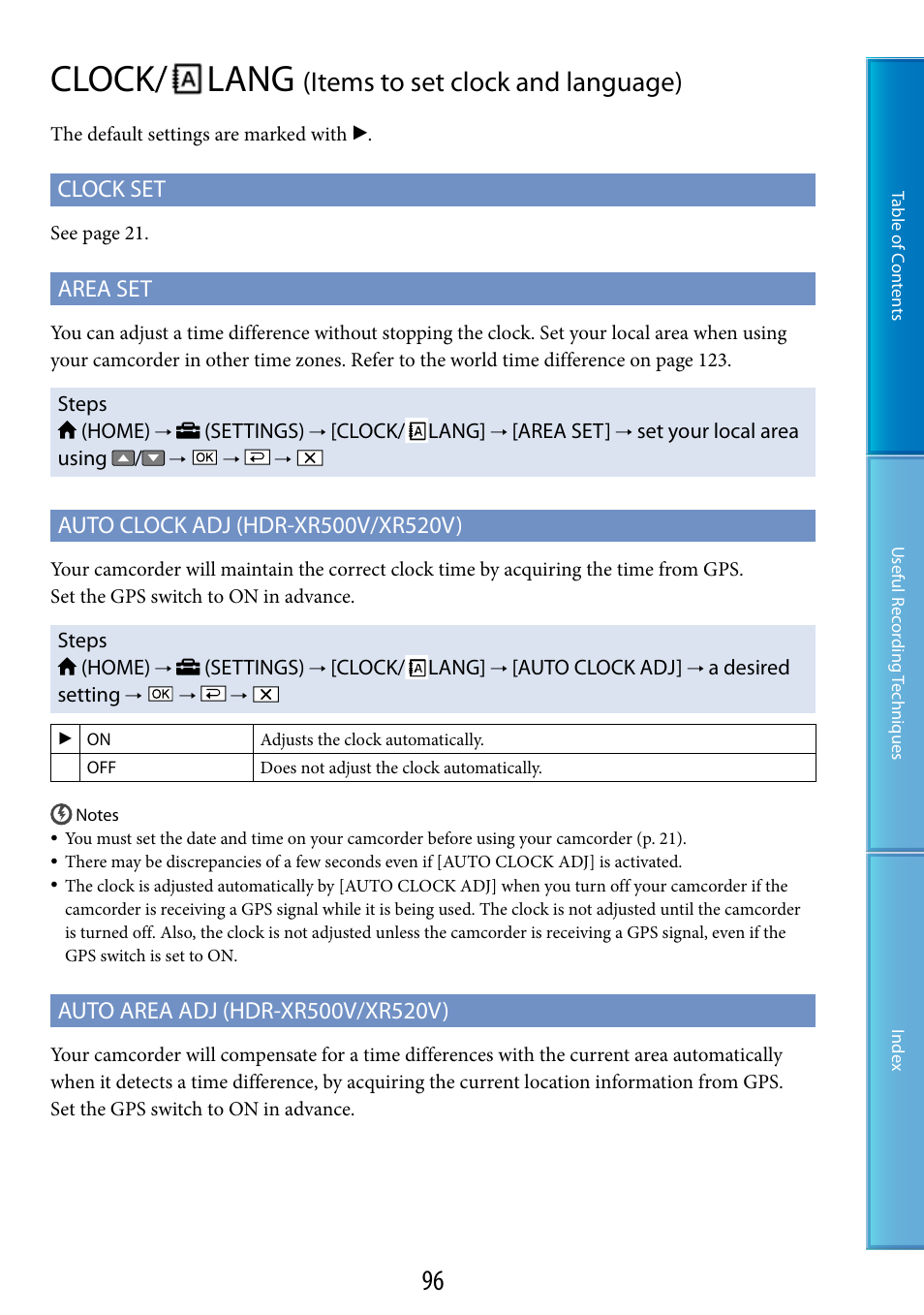Clock /lang (items to set clock and language), Clock/ lang, Items to set clock and language) | Clock set, Area set | Sony HDR-XR520V User Manual | Page 96 / 136