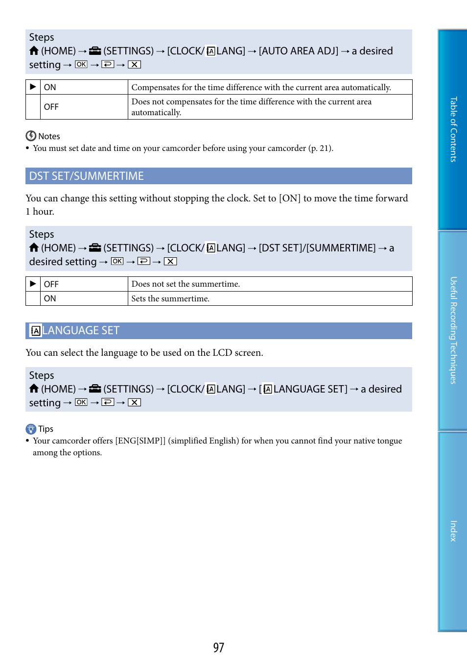 Dst set/summertime, Language set | Sony HDR-XR520V User Manual | Page 97 / 136