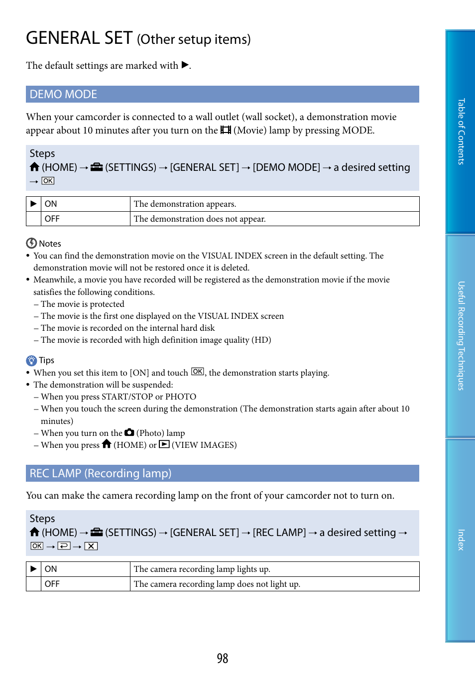 General set (other setup items), General set, Other setup items) | Ding lamp (98), Demo mode, Rec lamp (recording lamp) | Sony HDR-XR520V User Manual | Page 98 / 136