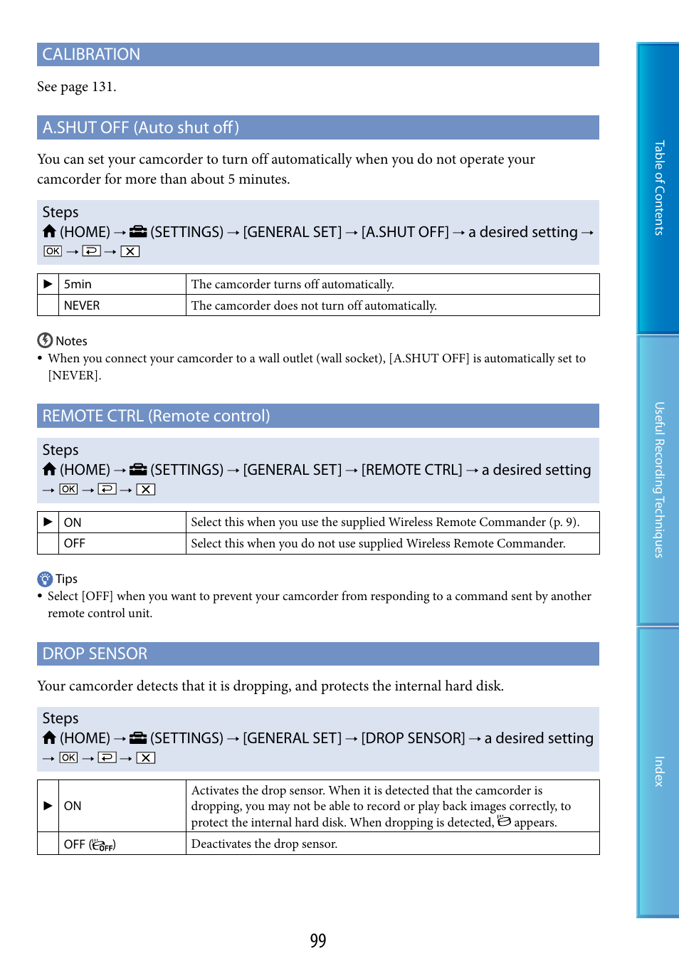 F (99), D (99), 99). w | Calibration, A.shut off (auto shut off), Remote ctrl (remote control), Drop sensor | Sony HDR-XR520V User Manual | Page 99 / 136