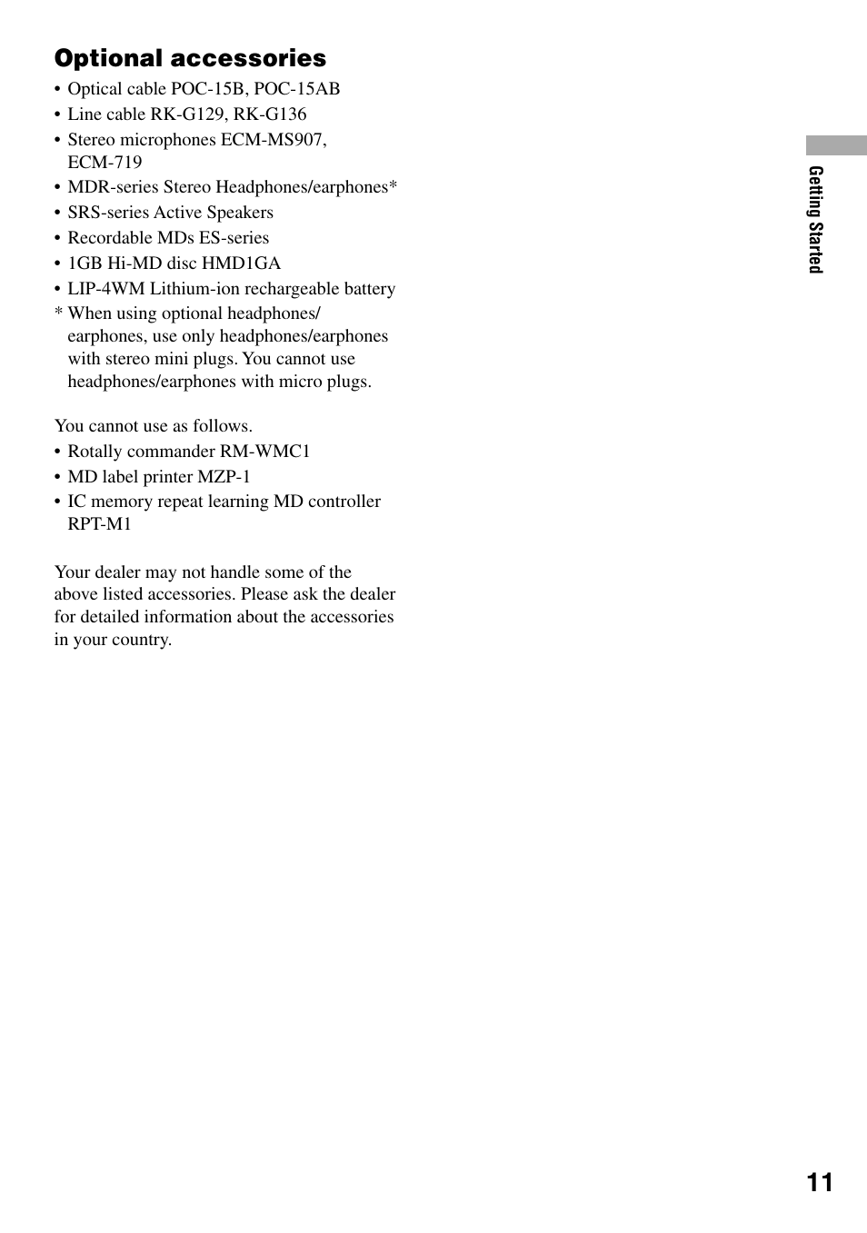 Optional accessories | Sony MZ-RH1 User Manual | Page 11 / 88