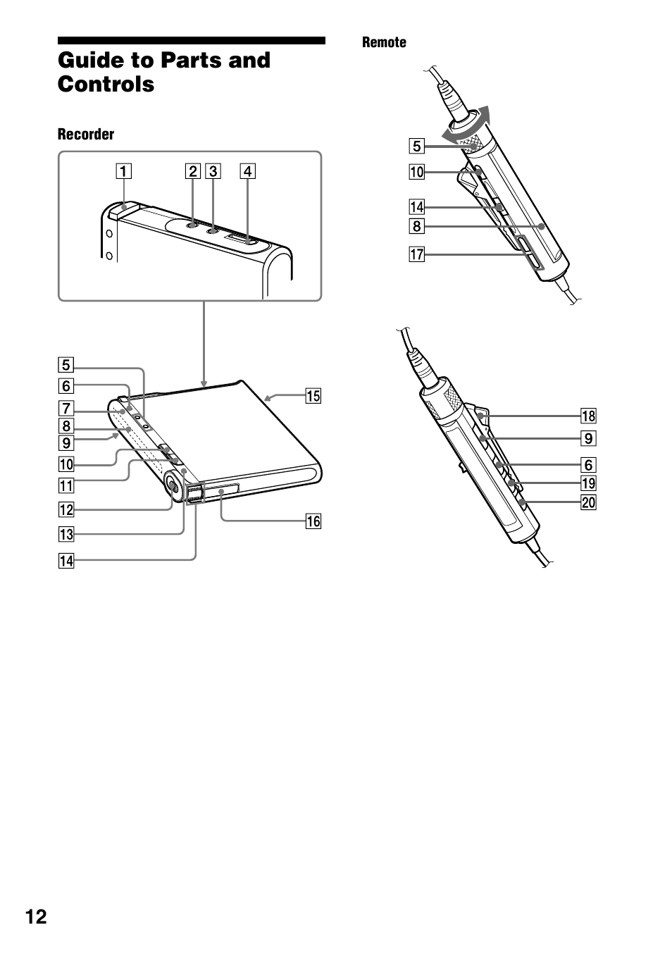 Guide to parts and controls | Sony MZ-RH1 User Manual | Page 12 / 88
