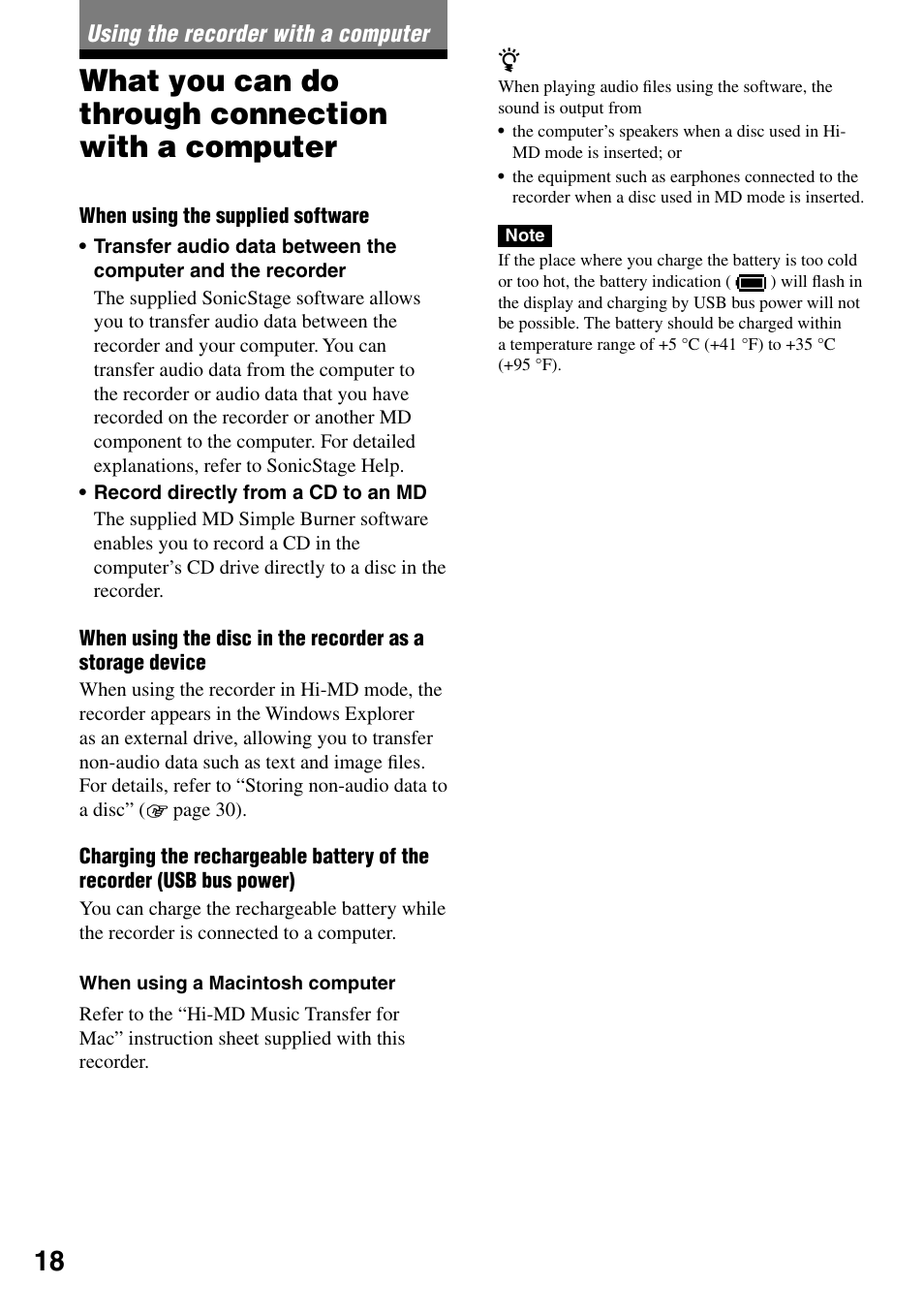 Using the recorder with a computer, What you can do through connection with a computer | Sony MZ-RH1 User Manual | Page 18 / 88