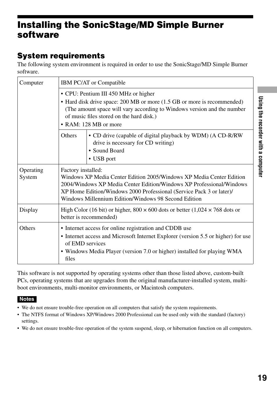 Installing the sonicstage software, System requirements | Sony MZ-RH1 User Manual | Page 19 / 88