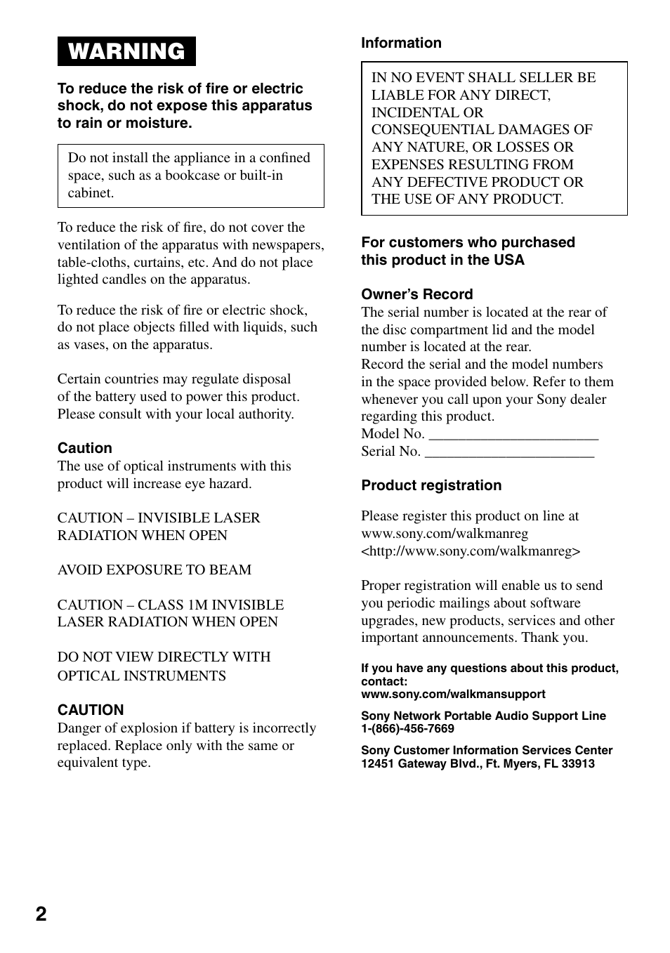 Warning | Sony MZ-RH1 User Manual | Page 2 / 88