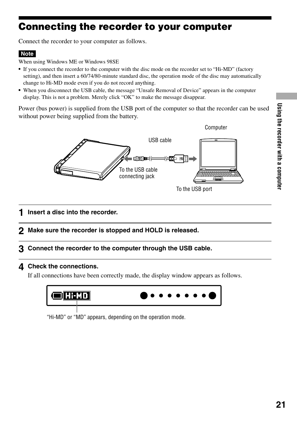Connecting the recorder to your computer | Sony MZ-RH1 User Manual | Page 21 / 88