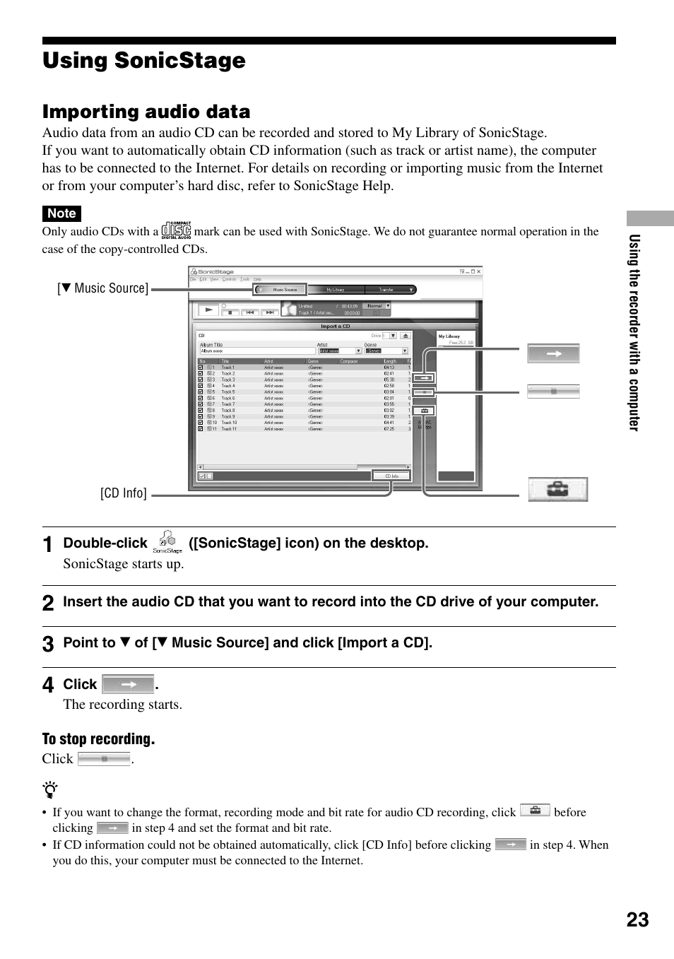 Using sonicstage, Importing audio data | Sony MZ-RH1 User Manual | Page 23 / 88