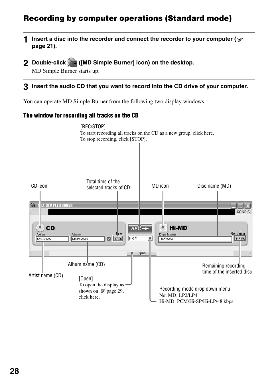 Recording by computer operations (standard mode) | Sony MZ-RH1 User Manual | Page 28 / 88