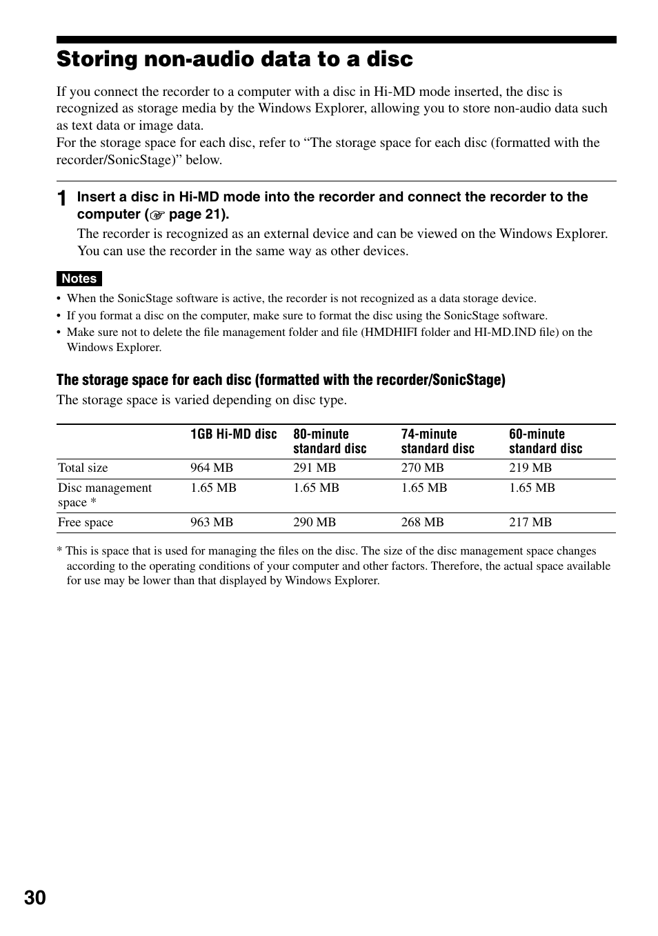 Storing non-audio data to a disc | Sony MZ-RH1 User Manual | Page 30 / 88
