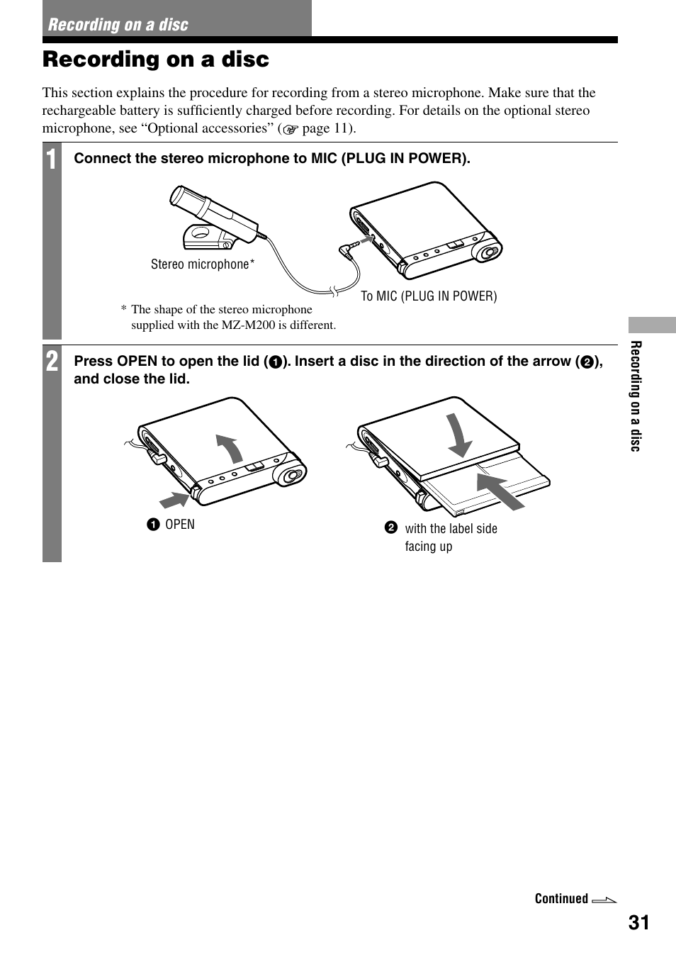 Recording on a disc | Sony MZ-RH1 User Manual | Page 31 / 88