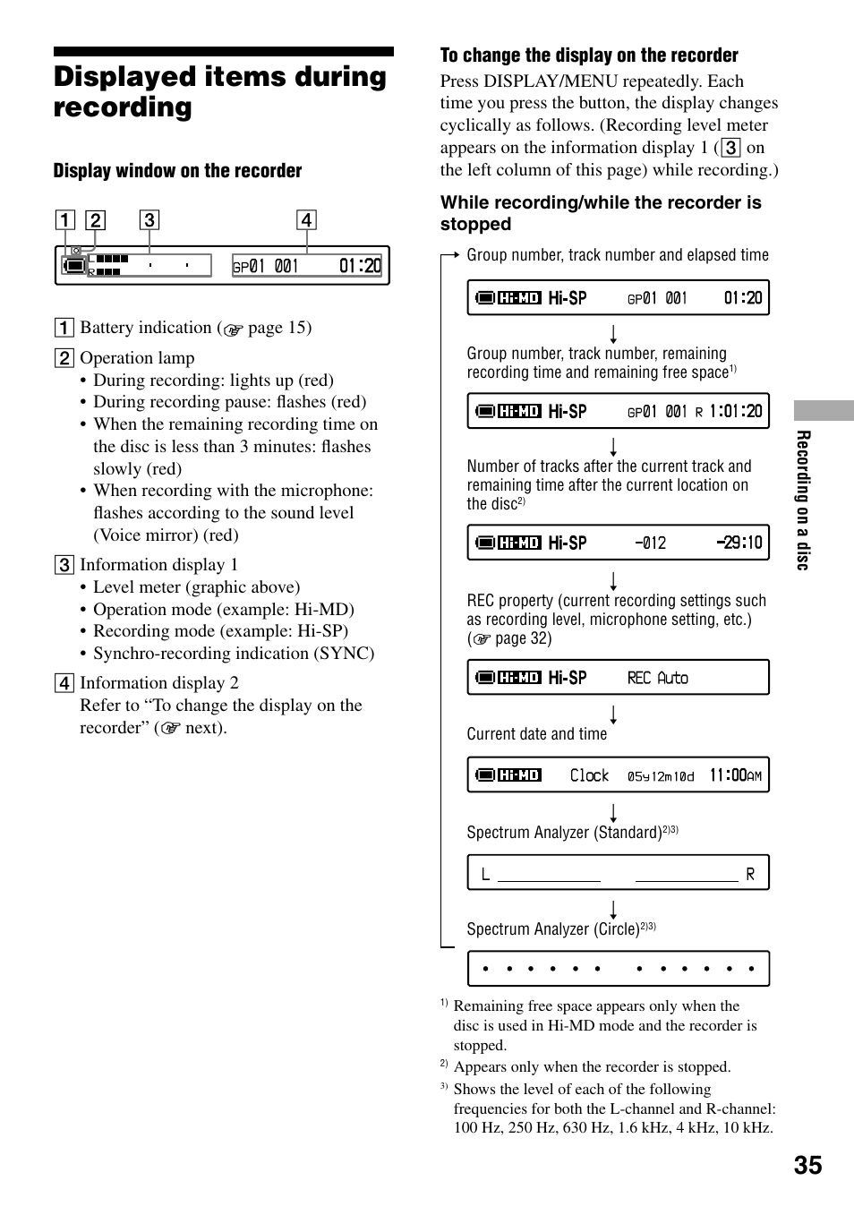 Displayed items during recording | Sony MZ-RH1 User Manual | Page 35 / 88