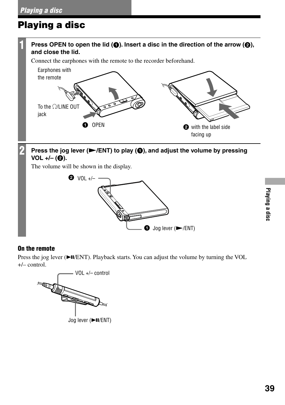 Playing a disc | Sony MZ-RH1 User Manual | Page 39 / 88