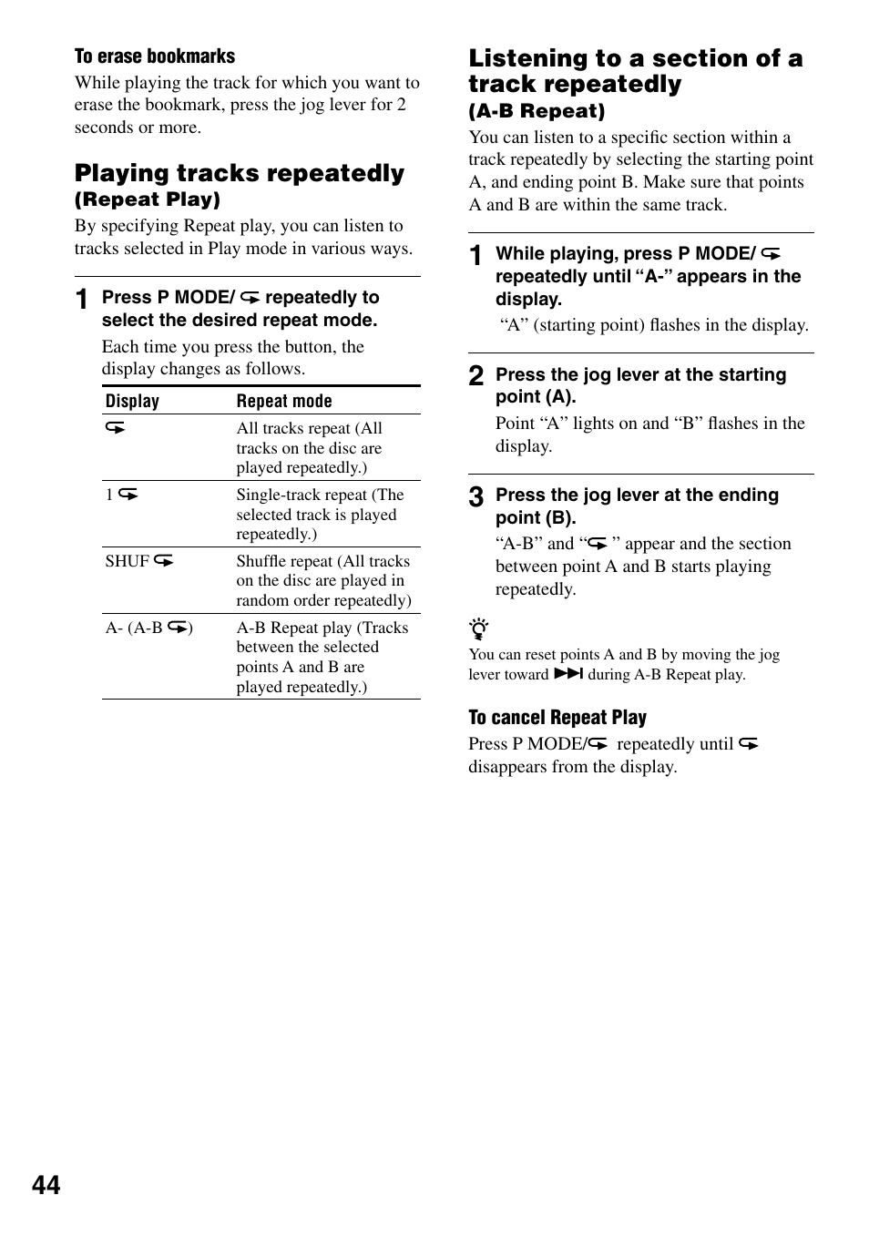 Playing tracks repeatedly (repeat play), Playing tracks repeatedly | Sony MZ-RH1 User Manual | Page 44 / 88