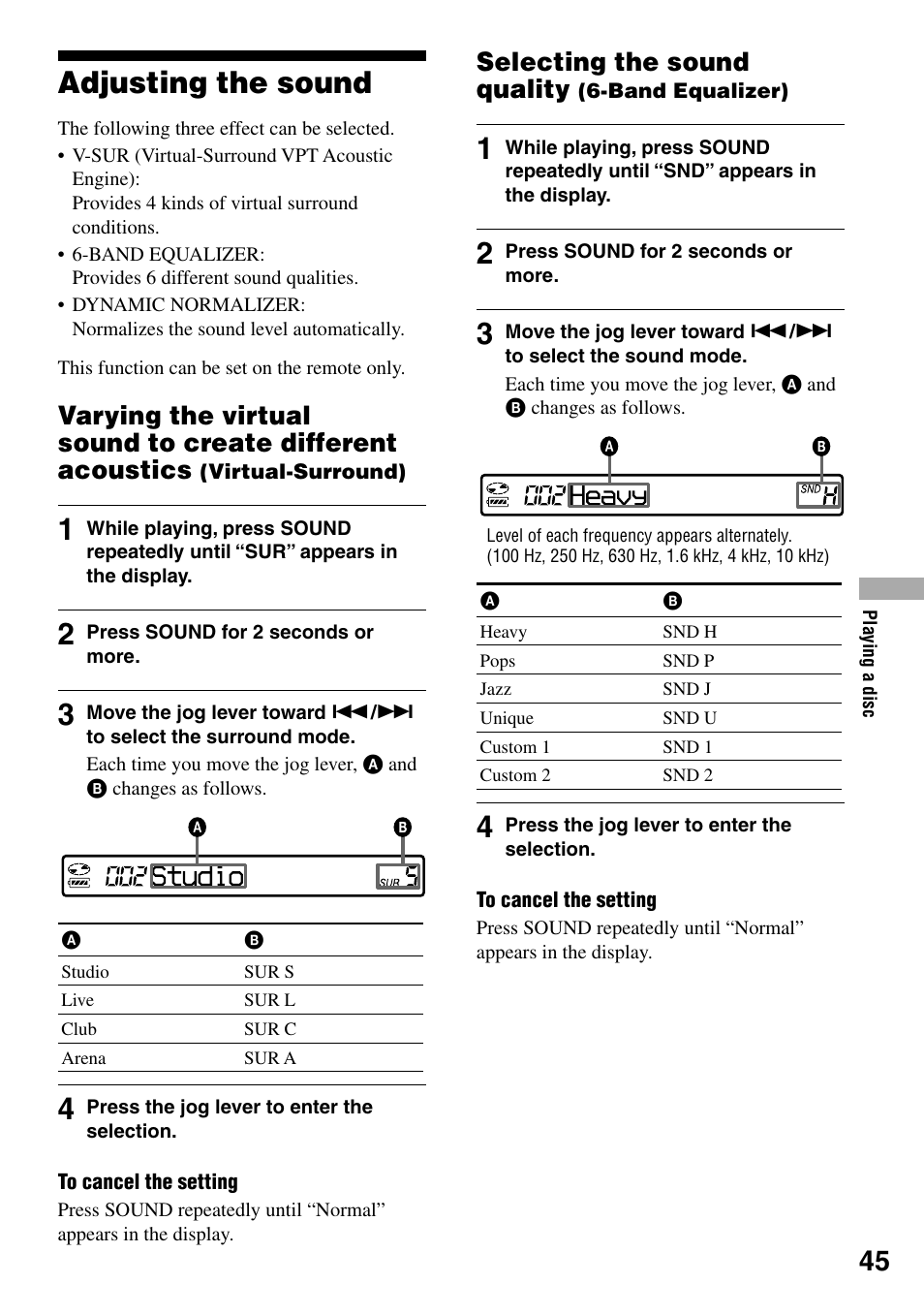 Adjusting the sound, Selecting the sound quality (6-band equalizer), Selecting the sound quality | Sony MZ-RH1 User Manual | Page 45 / 88