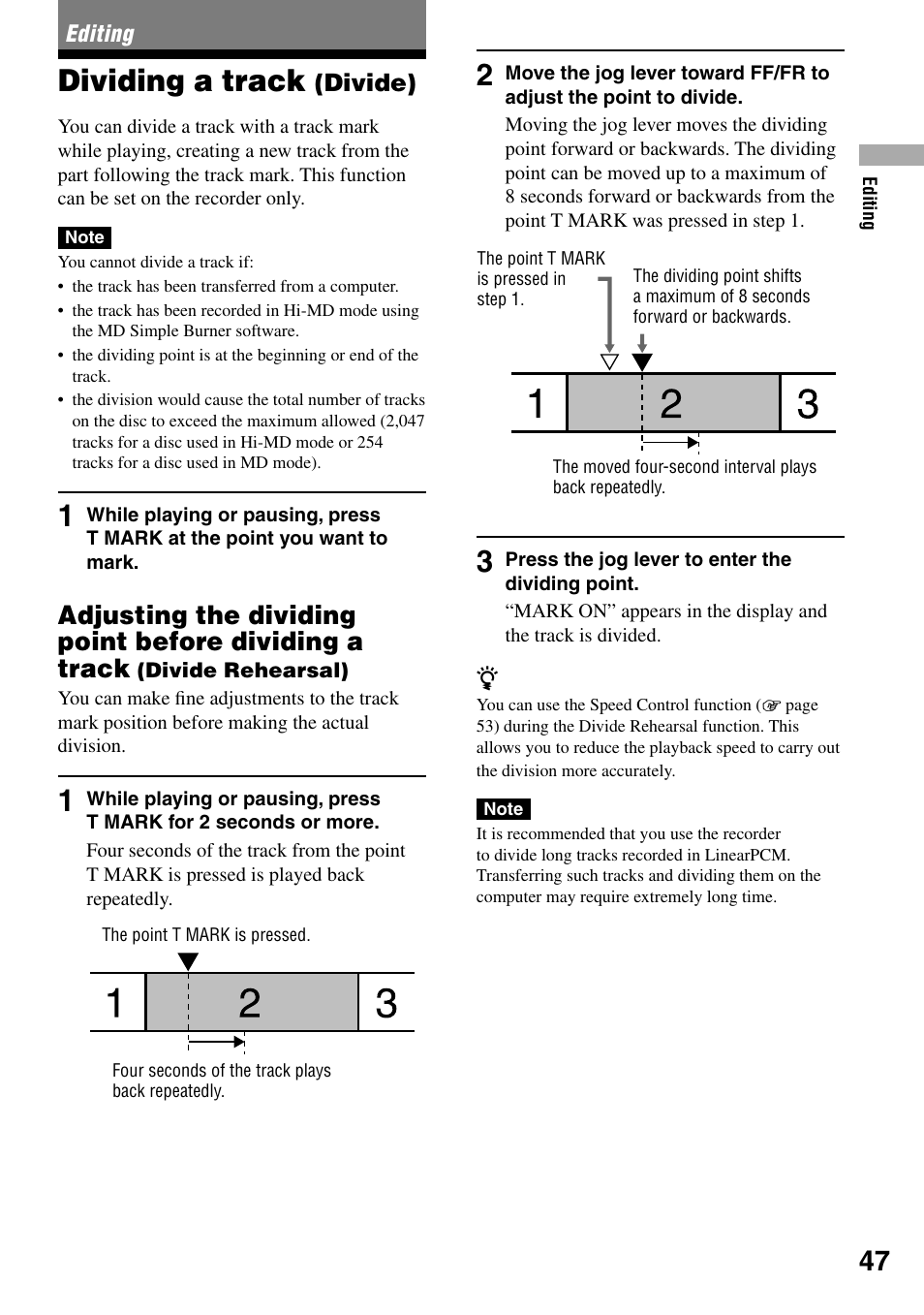 Editing, Dividing a track (divide), Dividing a track | Divide) | Sony MZ-RH1 User Manual | Page 47 / 88