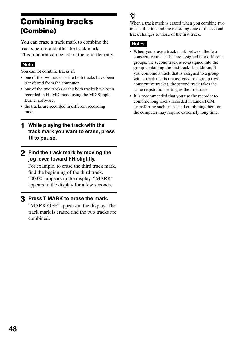 Combining tracks (combine), Combining tracks, Combine) | Sony MZ-RH1 User Manual | Page 48 / 88