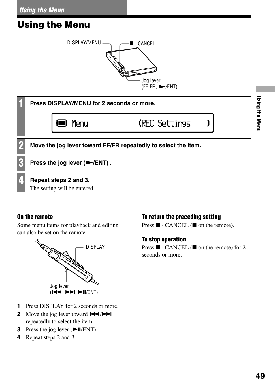 Using the menu | Sony MZ-RH1 User Manual | Page 49 / 88