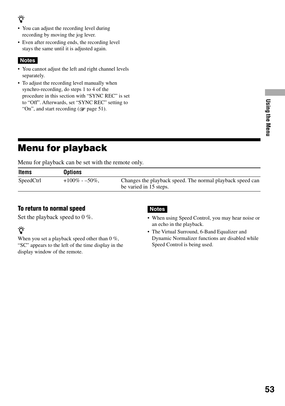 Menu for playback | Sony MZ-RH1 User Manual | Page 53 / 88