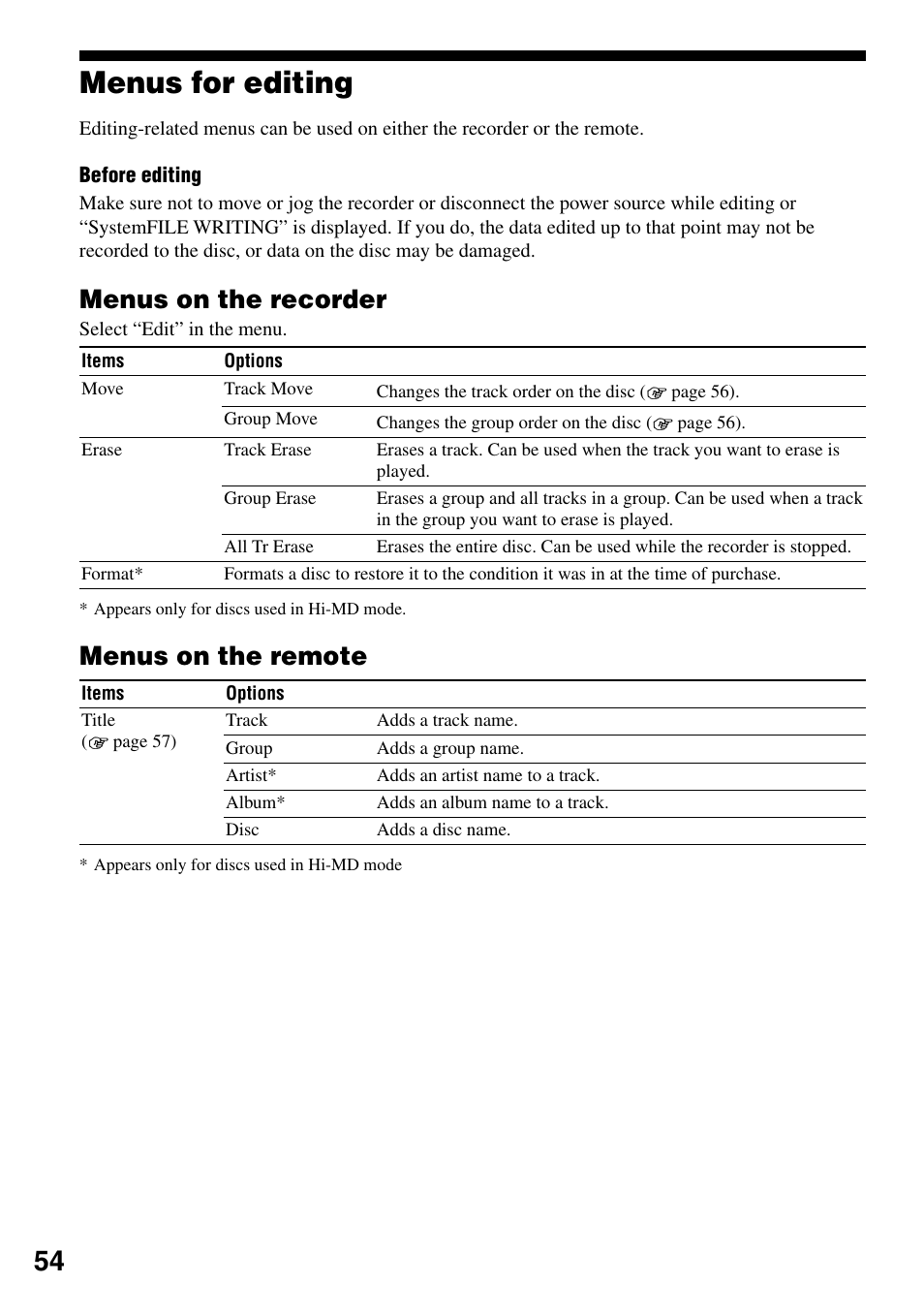 Menus for editing, Menus on the recorder, Menus on the remote | Sony MZ-RH1 User Manual | Page 54 / 88