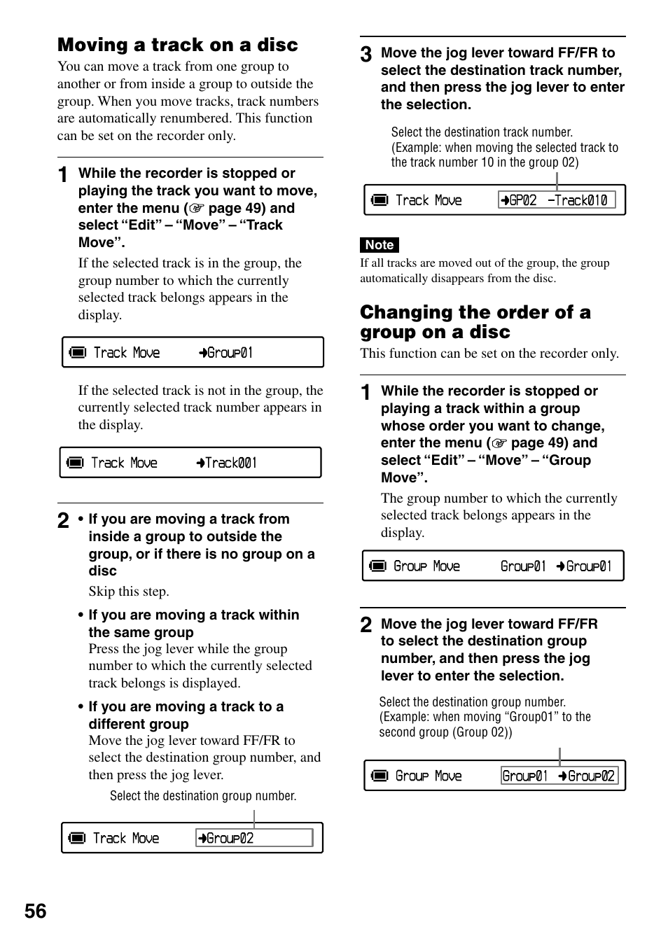 Moving a track on a disc, Changing the order of a group on a disc | Sony MZ-RH1 User Manual | Page 56 / 88