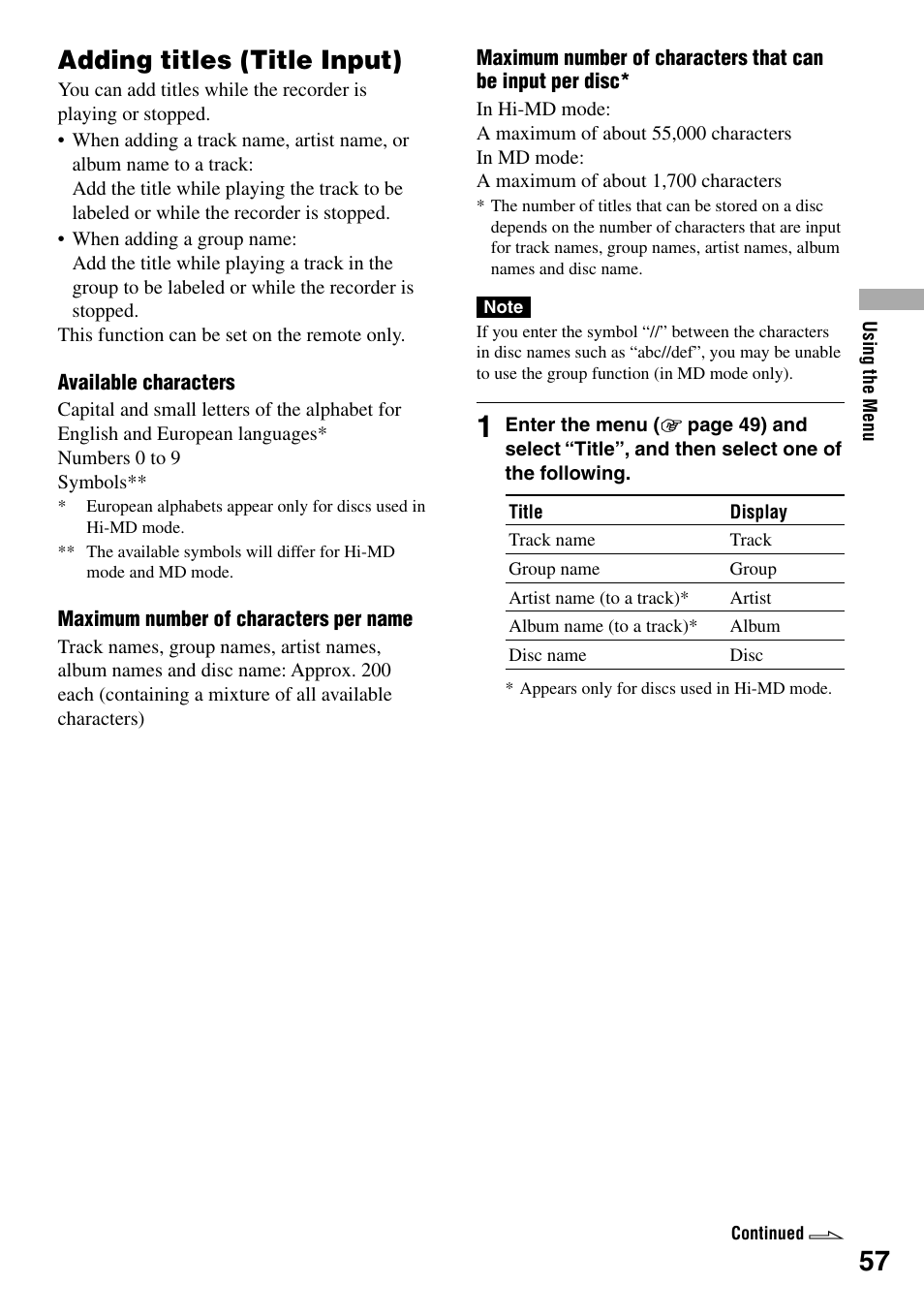 Adding titles (title input) | Sony MZ-RH1 User Manual | Page 57 / 88