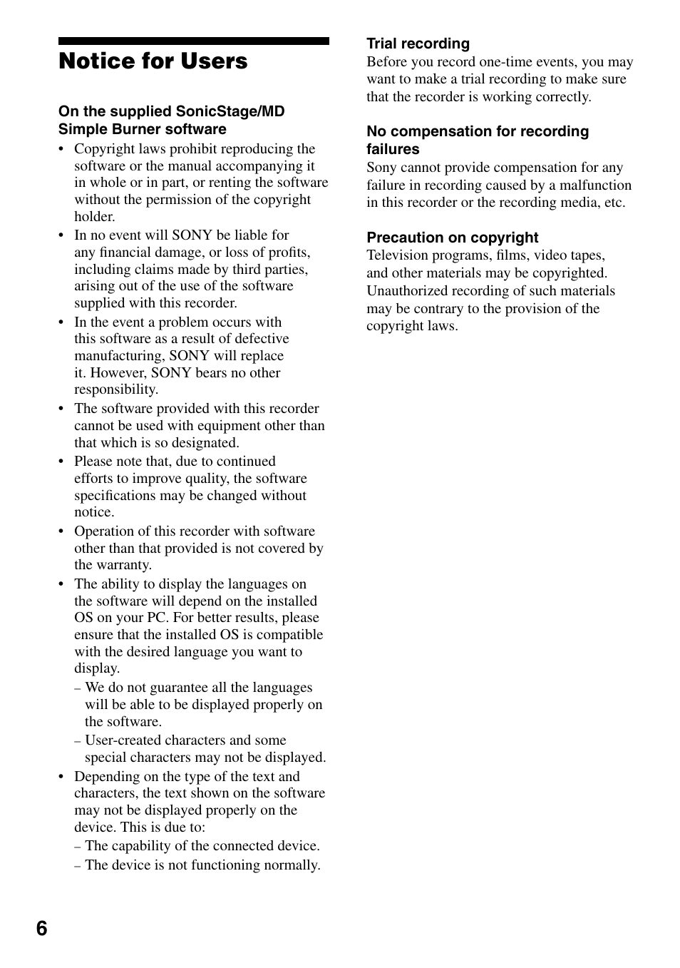 Notice for users | Sony MZ-RH1 User Manual | Page 6 / 88