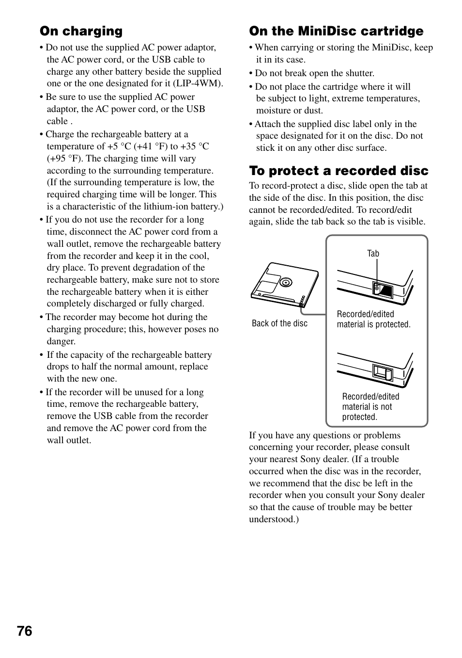 On charging, On the minidisc cartridge | Sony MZ-RH1 User Manual | Page 76 / 88