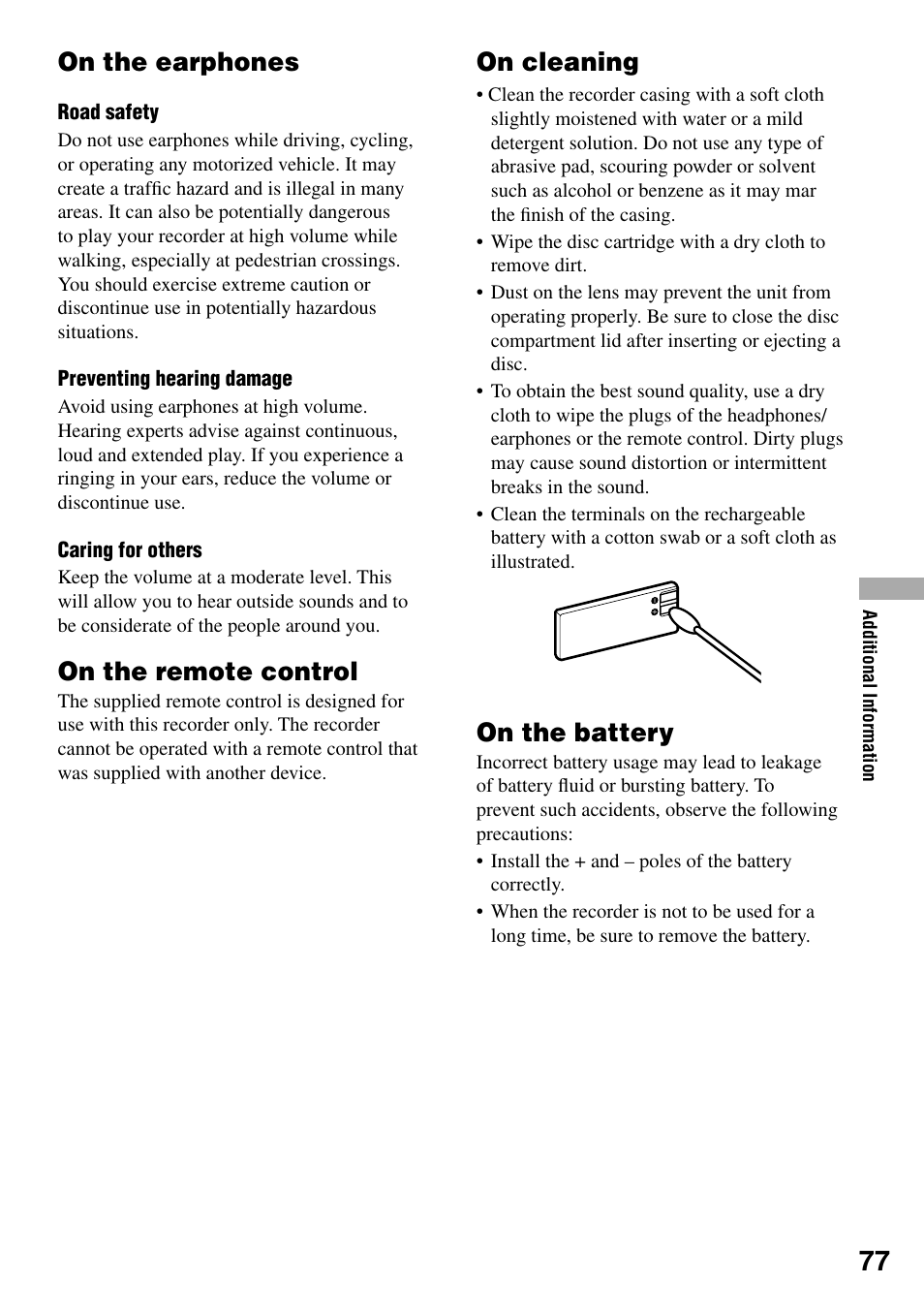 On the earphones, On the remote control, On cleaning | On the battery | Sony MZ-RH1 User Manual | Page 77 / 88