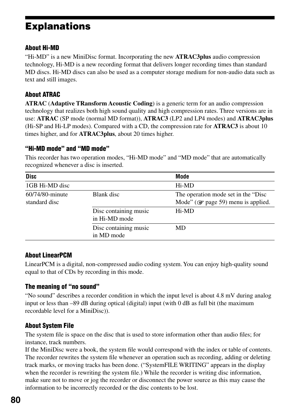 Explanations | Sony MZ-RH1 User Manual | Page 80 / 88