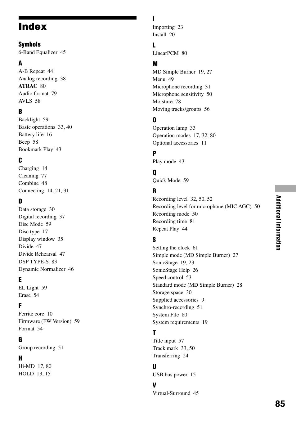 Index | Sony MZ-RH1 User Manual | Page 85 / 88