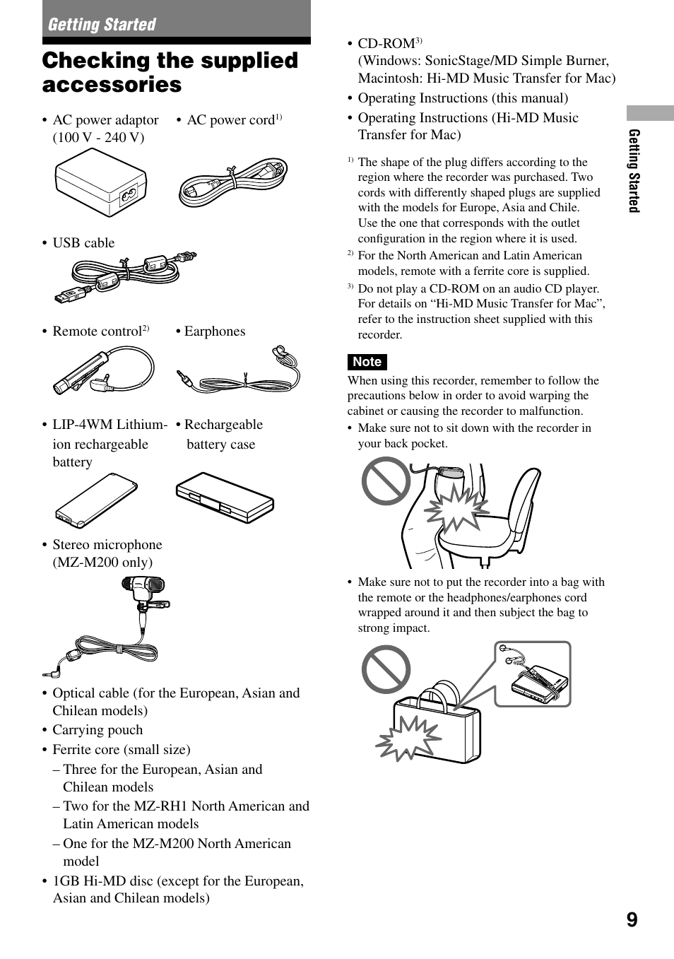 Getting started, Checking the supplied accessories | Sony MZ-RH1 User Manual | Page 9 / 88