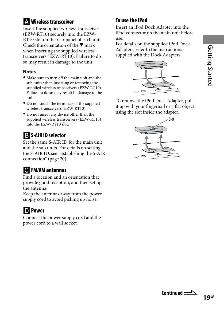 Getting .star ted, Wireless transceiver, S-air id selector | Fm/am antennas, Power | Sony AIR-SA20PK User Manual | Page 19 / 44