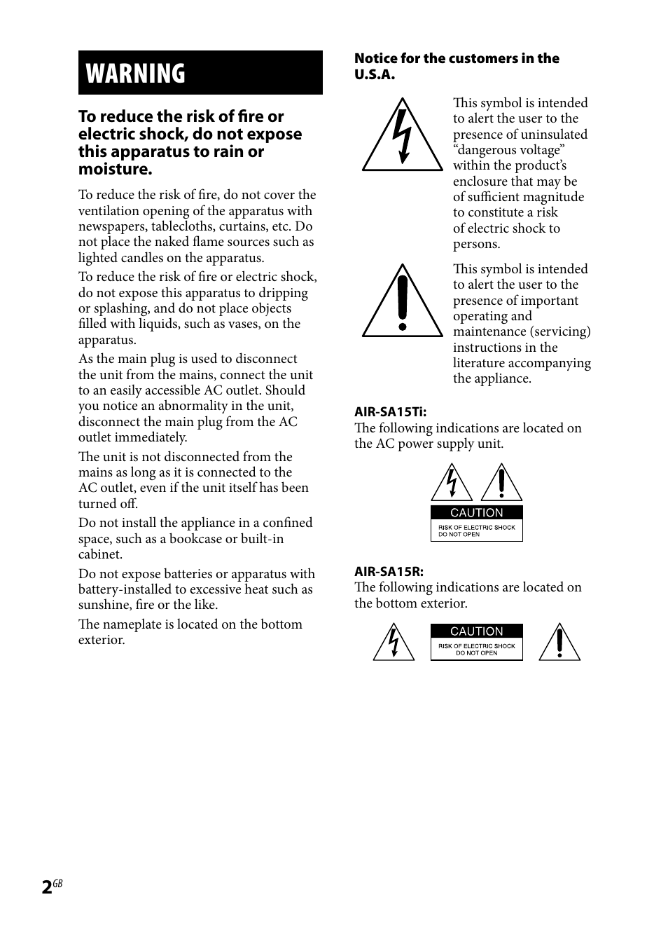 Warning | Sony AIR-SA20PK User Manual | Page 2 / 44