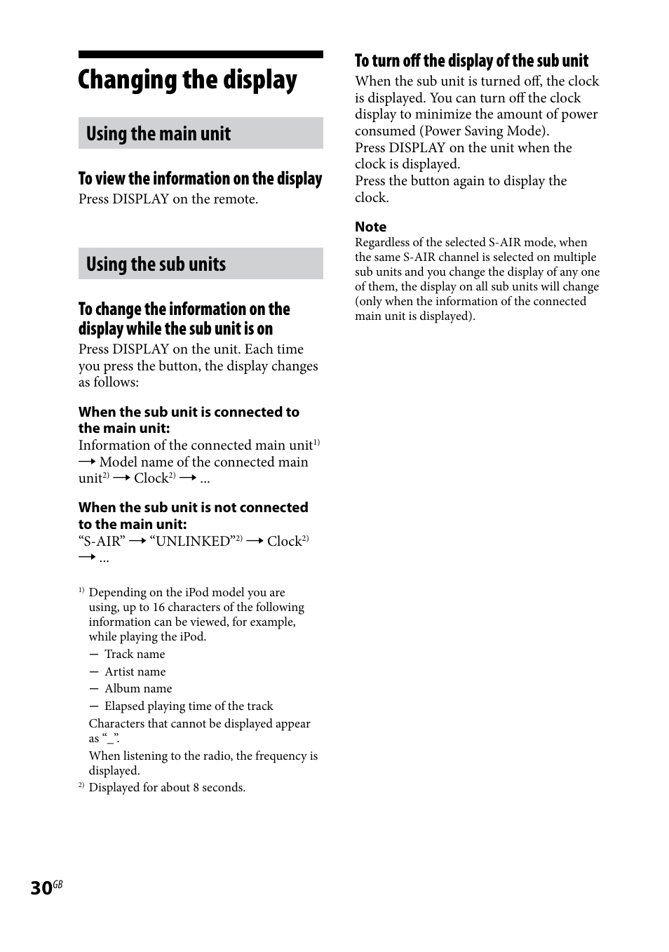 Changing the display, Changing.the.display, Using the main unit | Using the sub units | Sony AIR-SA20PK User Manual | Page 30 / 44