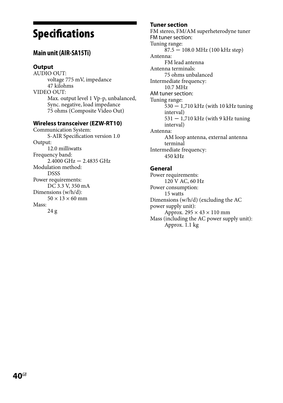 Specifications, Main unit (air-sa15ti) | Sony AIR-SA20PK User Manual | Page 40 / 44