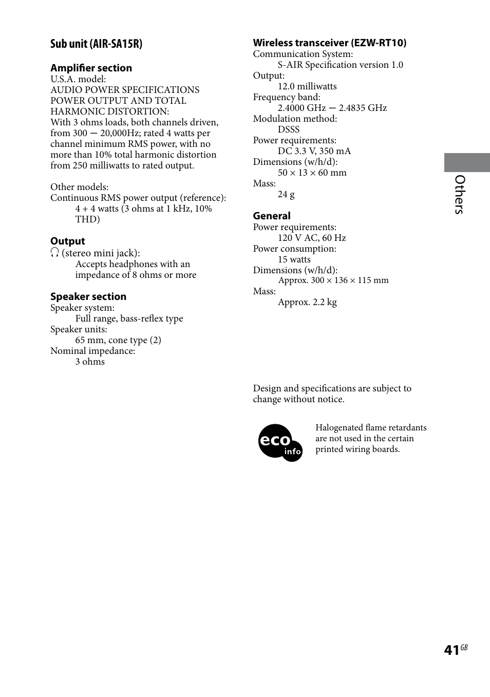 Others, Sub unit (air-sa15r) | Sony AIR-SA20PK User Manual | Page 41 / 44