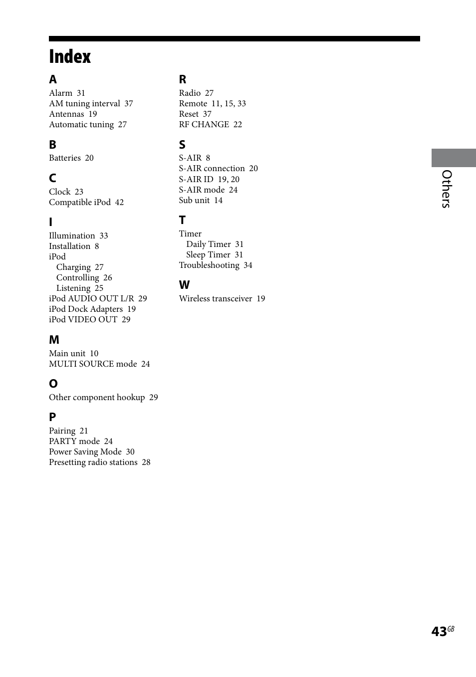 Index, Others | Sony AIR-SA20PK User Manual | Page 43 / 44