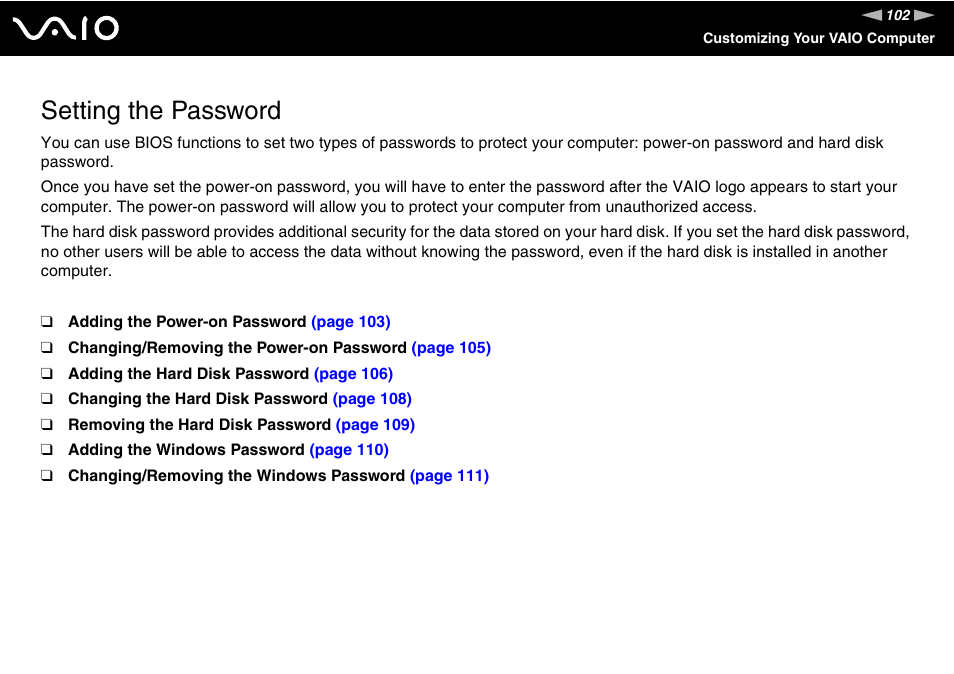 Setting the password | Sony VGN-SZ230P User Manual | Page 102 / 224