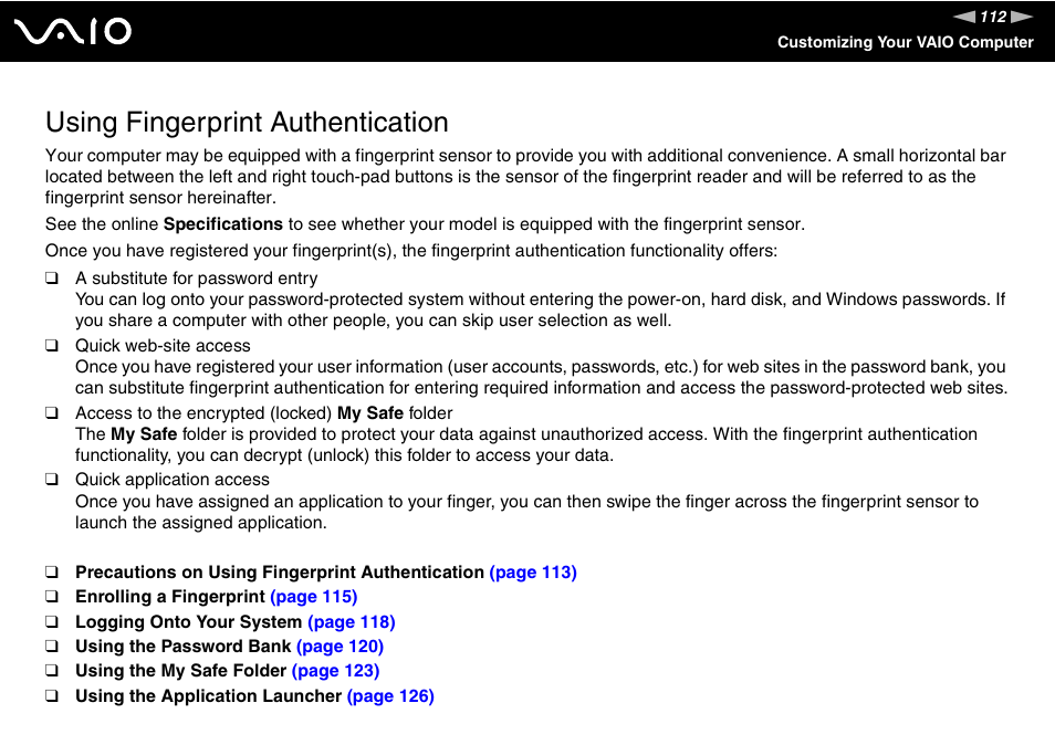 Using fingerprint authentication, Tion | Sony VGN-SZ230P User Manual | Page 112 / 224