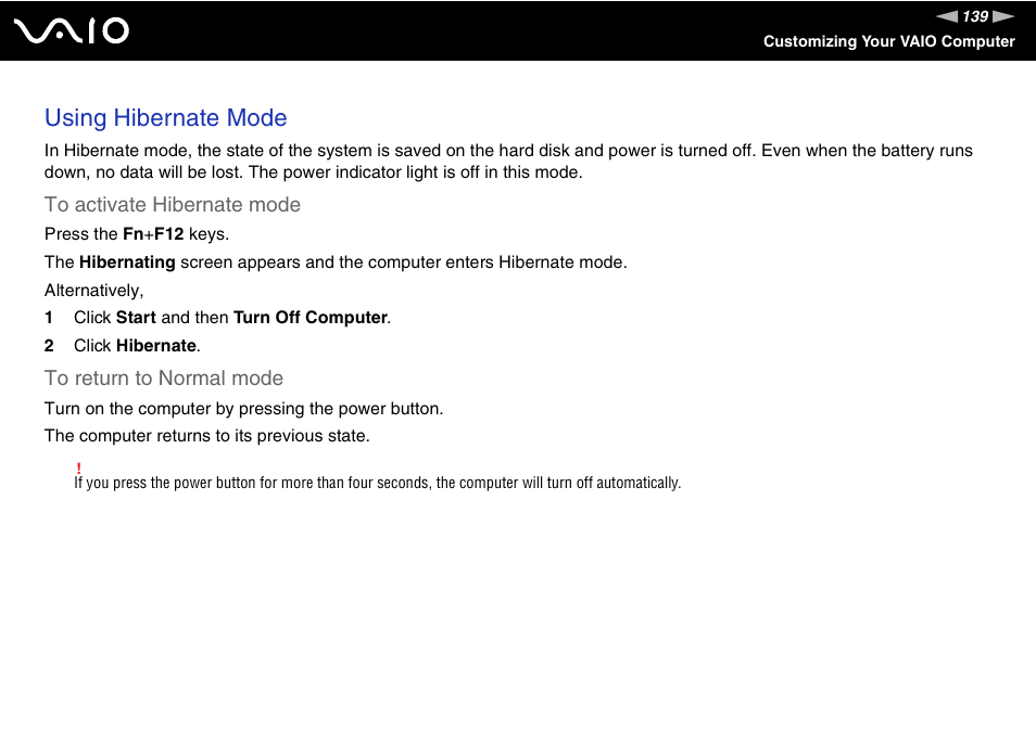 Using hibernate mode | Sony VGN-SZ230P User Manual | Page 139 / 224