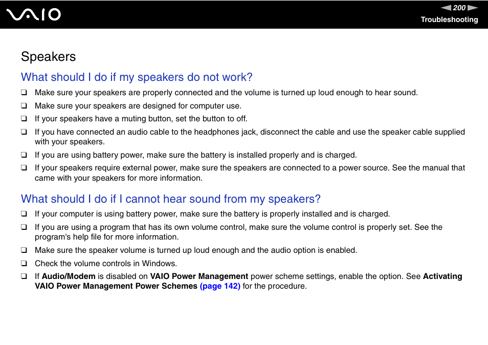 Speakers, What should i do if my speakers do not work | Sony VGN-SZ230P User Manual | Page 200 / 224